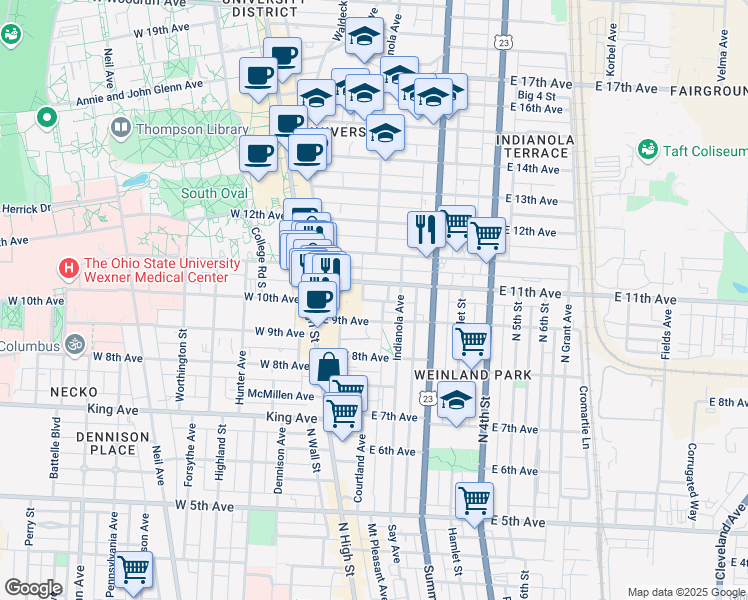 map of restaurants, bars, coffee shops, grocery stores, and more near 107 East 11th Avenue in Columbus