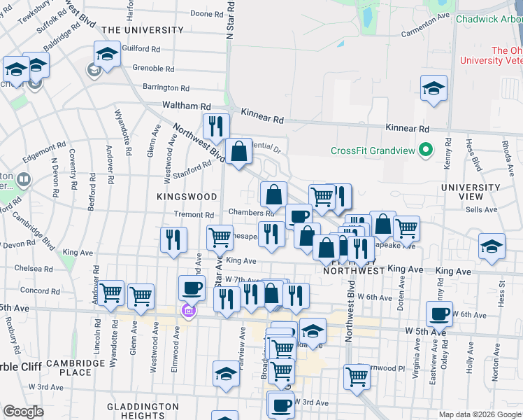 map of restaurants, bars, coffee shops, grocery stores, and more near 1802 Kings Court in Columbus