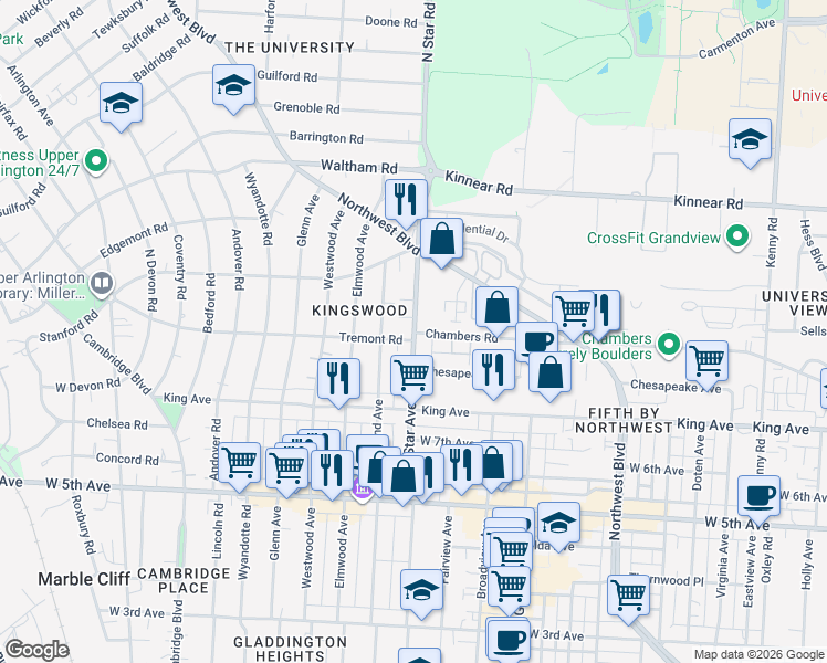 map of restaurants, bars, coffee shops, grocery stores, and more near 1805 North Star Road in Columbus