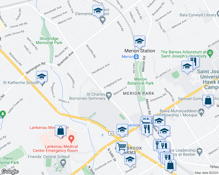 map of restaurants, bars, coffee shops, grocery stores, and more near 720 South Highland Avenue in Merion Station