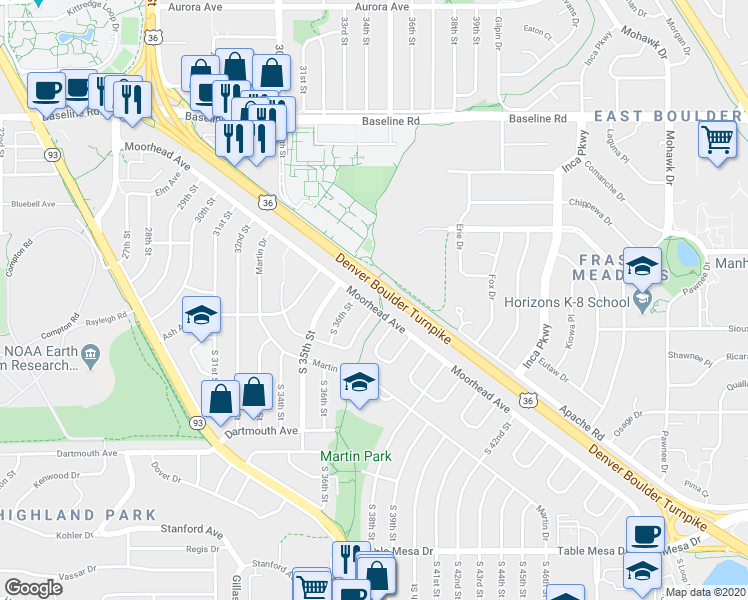 map of restaurants, bars, coffee shops, grocery stores, and more near 3625 Moorhead Avenue in Boulder