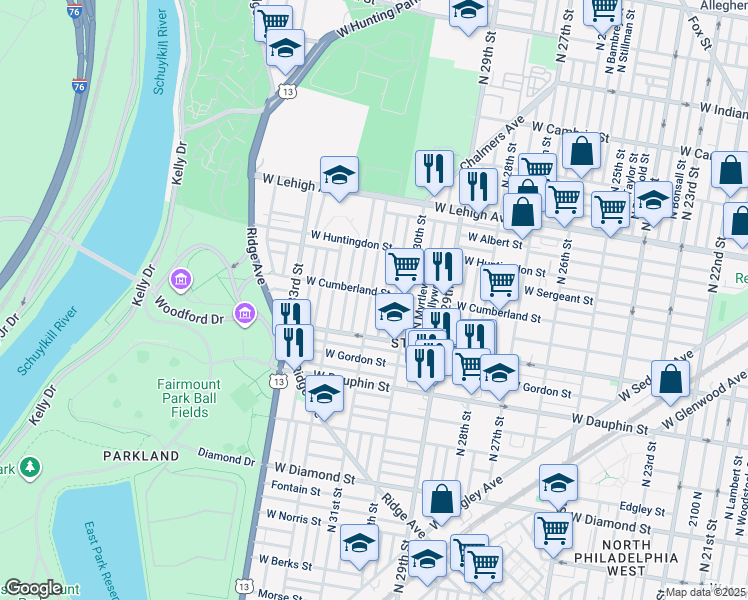 map of restaurants, bars, coffee shops, grocery stores, and more near 2457 North 31st Street in Philadelphia