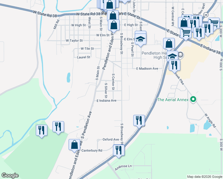 map of restaurants, bars, coffee shops, grocery stores, and more near 628 South Center Street in Pendleton