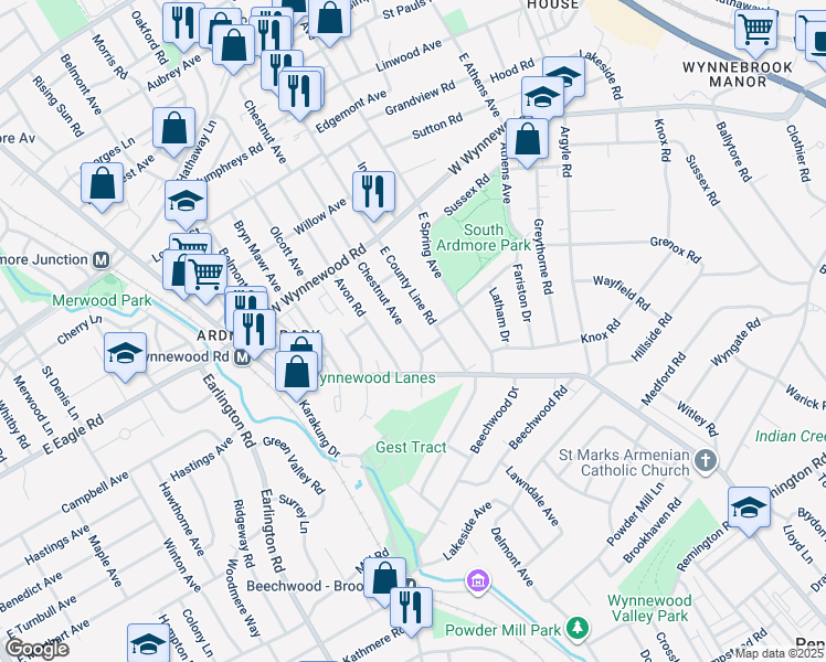 map of restaurants, bars, coffee shops, grocery stores, and more near 2121 Chestnut Avenue in Ardmore