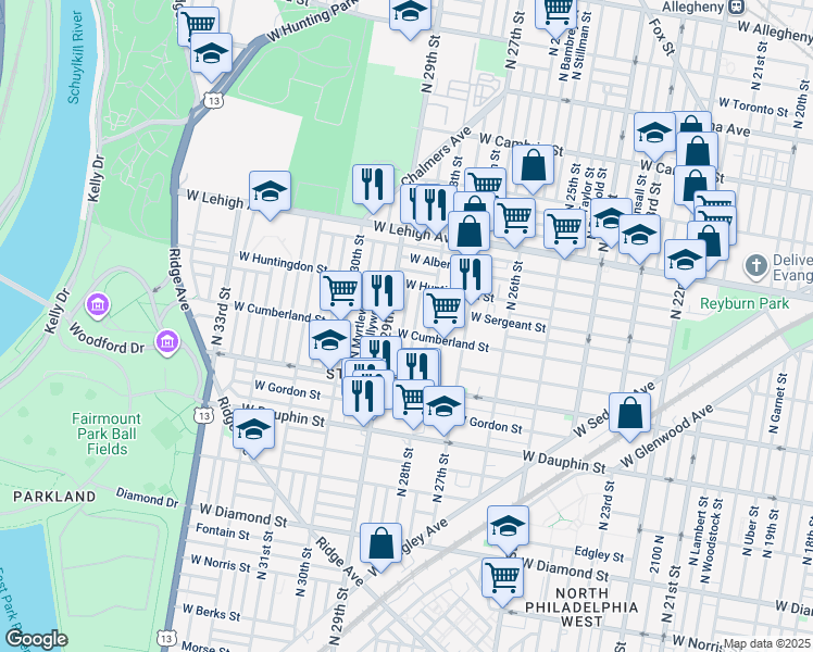 map of restaurants, bars, coffee shops, grocery stores, and more near 2509 North Dover Street in Philadelphia