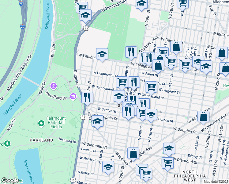 map of restaurants, bars, coffee shops, grocery stores, and more near 2506 North Corlies Street in Philadelphia