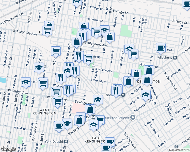 map of restaurants, bars, coffee shops, grocery stores, and more near 2916 Kip Street in Philadelphia