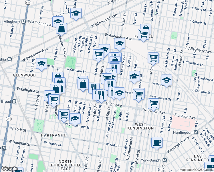 map of restaurants, bars, coffee shops, grocery stores, and more near 2812 North Reese Street in Philadelphia
