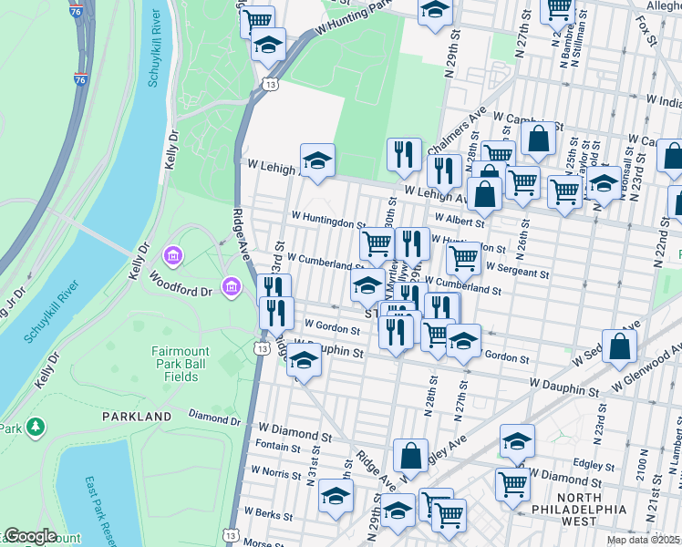 map of restaurants, bars, coffee shops, grocery stores, and more near 2454 North 31st Street in Philadelphia