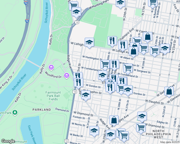 map of restaurants, bars, coffee shops, grocery stores, and more near 2403 North Douglas Street in Philadelphia