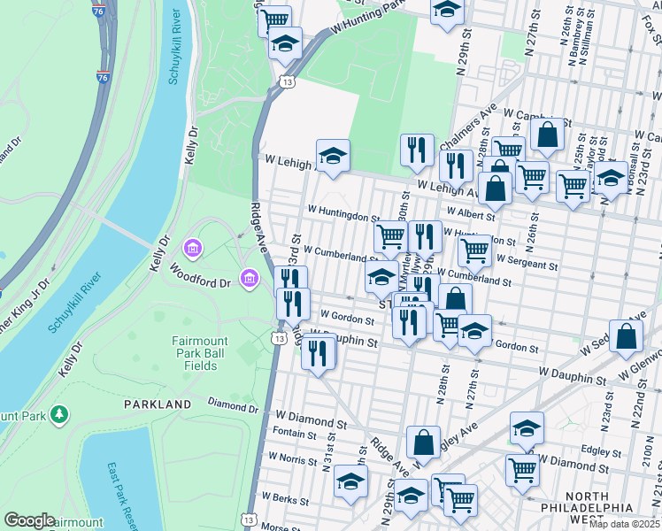 map of restaurants, bars, coffee shops, grocery stores, and more near 2447 North 32nd Street in Philadelphia