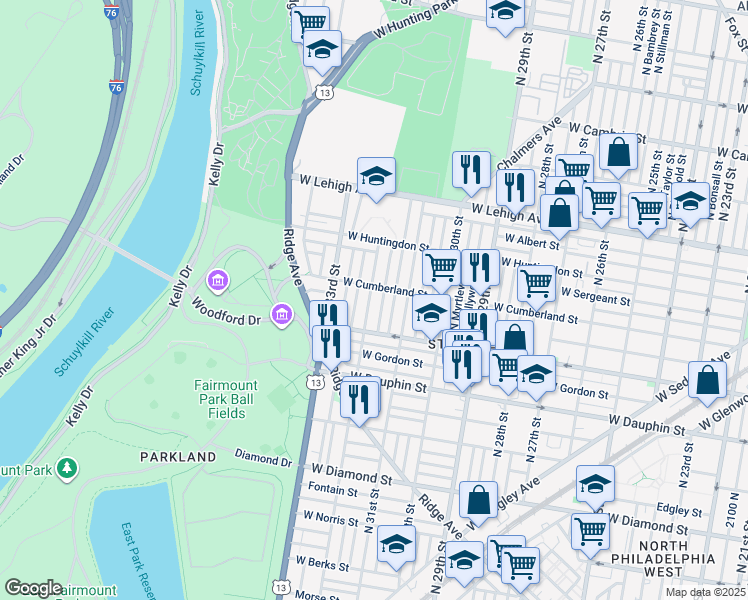 map of restaurants, bars, coffee shops, grocery stores, and more near 2447 North 32nd Street in Philadelphia