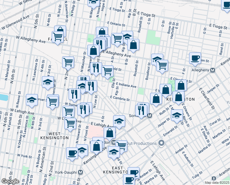 map of restaurants, bars, coffee shops, grocery stores, and more near 2916 Kip Street in Philadelphia