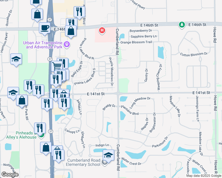 map of restaurants, bars, coffee shops, grocery stores, and more near 9768 Prairie Smoke Drive in Noblesville
