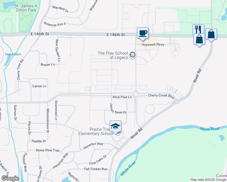 map of restaurants, bars, coffee shops, grocery stores, and more near 14217 James Dean Drive in Carmel