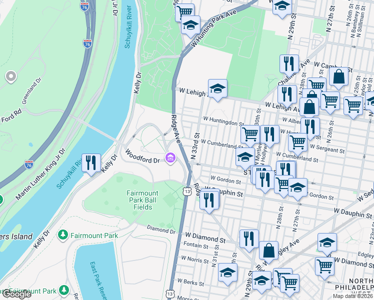 map of restaurants, bars, coffee shops, grocery stores, and more near 2444 North 33rd Street in Philadelphia