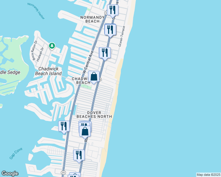 map of restaurants, bars, coffee shops, grocery stores, and more near 3476 Ocean Road in Lavallette