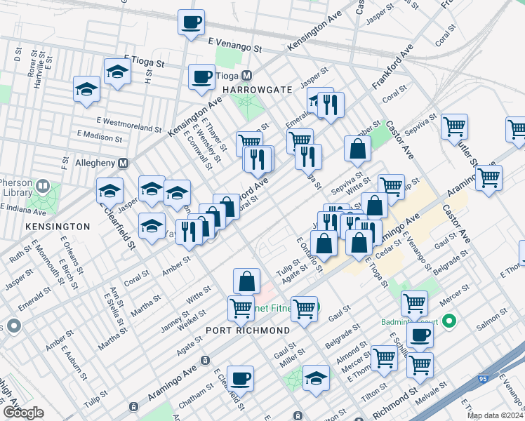 map of restaurants, bars, coffee shops, grocery stores, and more near 3368 Collins Street in Philadelphia