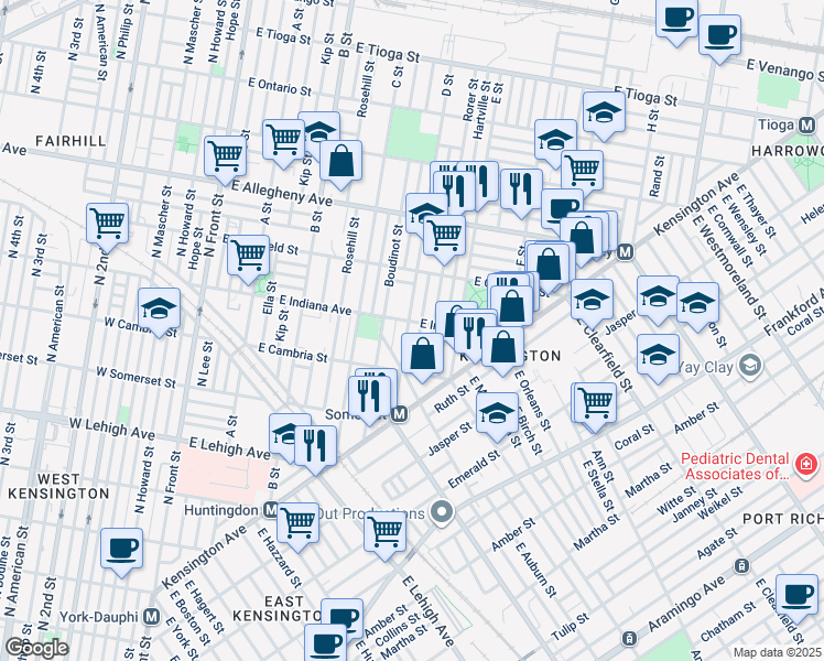 map of restaurants, bars, coffee shops, grocery stores, and more near 2955 D Street in Philadelphia