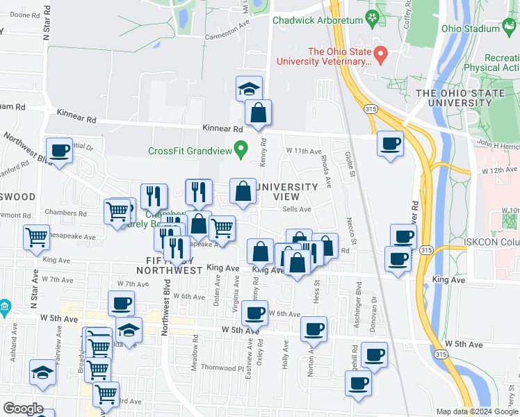 map of restaurants, bars, coffee shops, grocery stores, and more near Kenny Rd & Sells Ave in Franklin