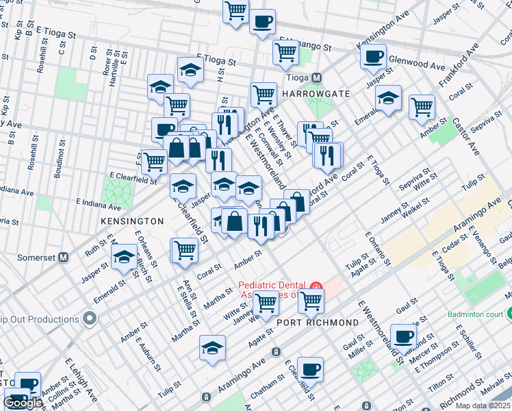 map of restaurants, bars, coffee shops, grocery stores, and more near 2016 East Madison Street in Philadelphia
