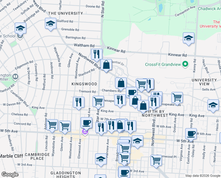 map of restaurants, bars, coffee shops, grocery stores, and more near 1775 Northwest Court in Columbus