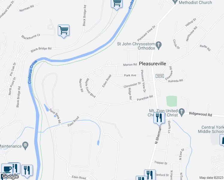 map of restaurants, bars, coffee shops, grocery stores, and more near 500 Paradise Road in York