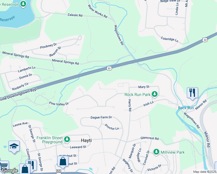 map of restaurants, bars, coffee shops, grocery stores, and more near 112 Burgundy Lane in Coatesville