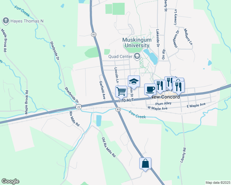 map of restaurants, bars, coffee shops, grocery stores, and more near 38 Friendship Drive in New Concord