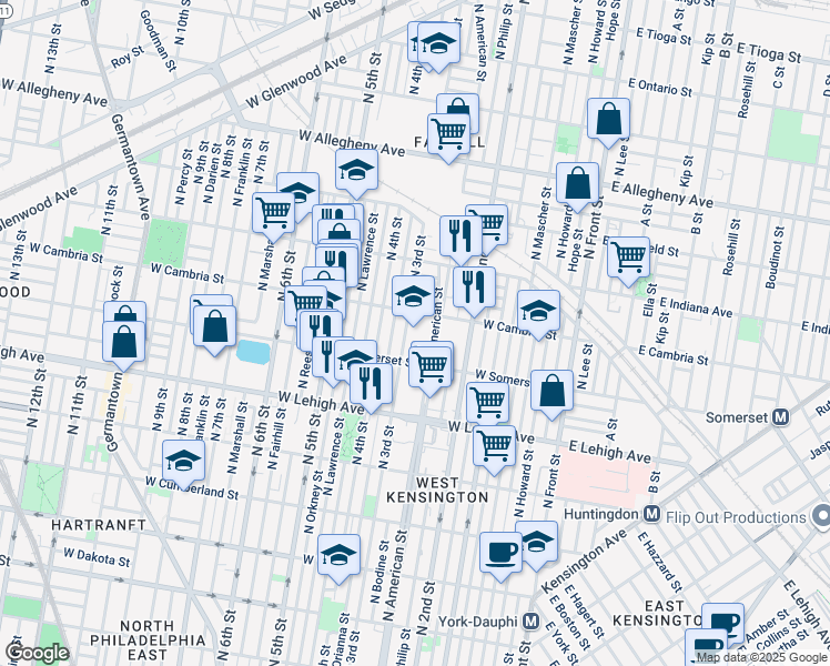 map of restaurants, bars, coffee shops, grocery stores, and more near 2830 North American Street in Philadelphia