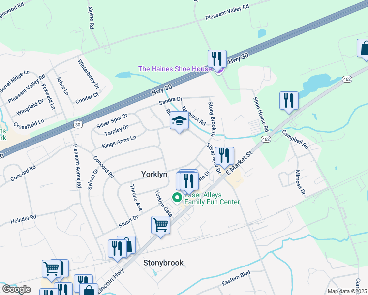 map of restaurants, bars, coffee shops, grocery stores, and more near 250 Silver Spur Drive in York