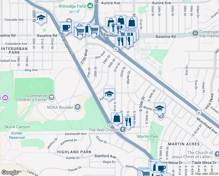 map of restaurants, bars, coffee shops, grocery stores, and more near 3025 Birch Avenue in Boulder
