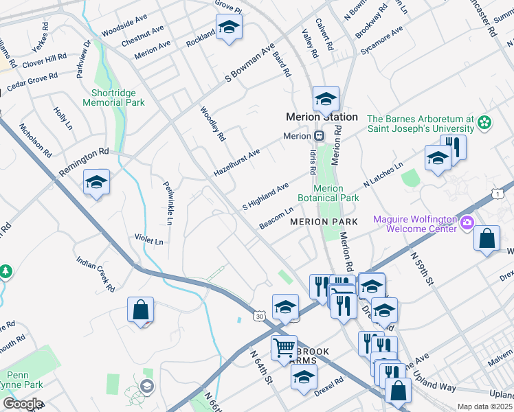 map of restaurants, bars, coffee shops, grocery stores, and more near 720 South Highland Avenue in Merion Station
