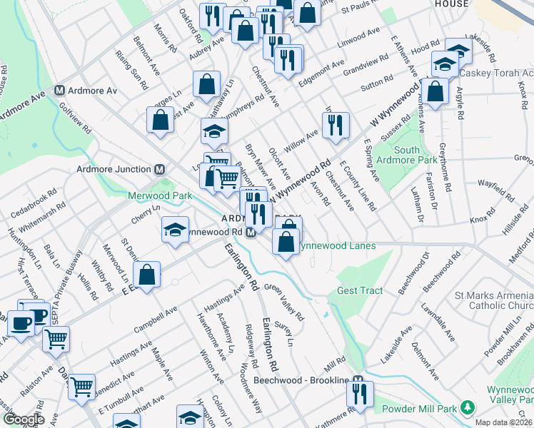 map of restaurants, bars, coffee shops, grocery stores, and more near 627 West Wynnewood Road in Ardmore
