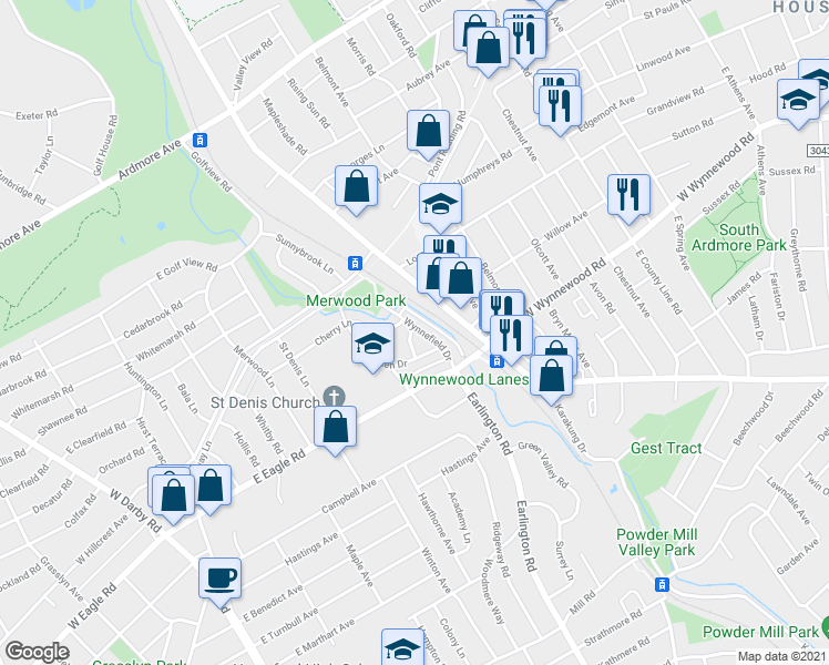 map of restaurants, bars, coffee shops, grocery stores, and more near 2424 Wynnefield Drive in Havertown