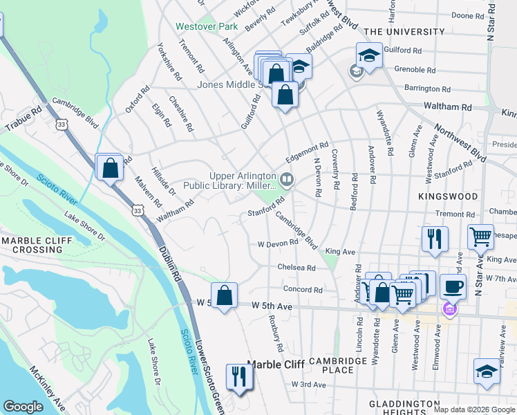 map of restaurants, bars, coffee shops, grocery stores, and more near in Upper Arlington