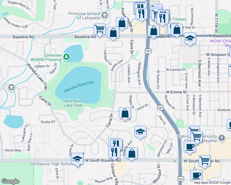 map of restaurants, bars, coffee shops, grocery stores, and more near Caria Drive in Lafayette