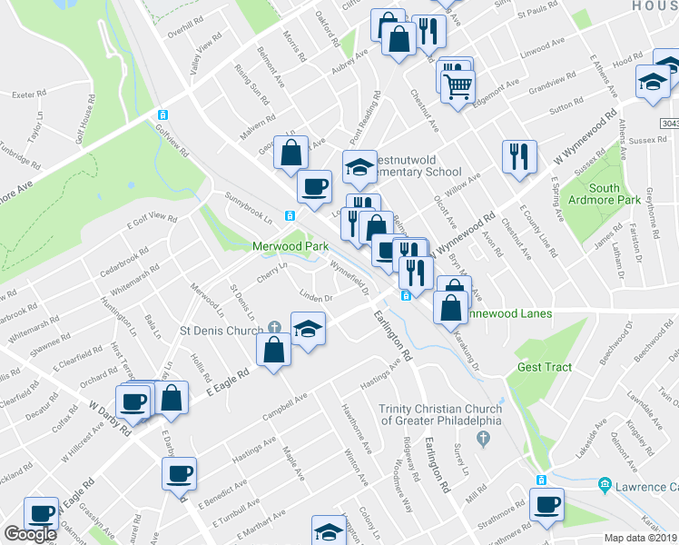 map of restaurants, bars, coffee shops, grocery stores, and more near 2424 Wynnefield Drive in Havertown