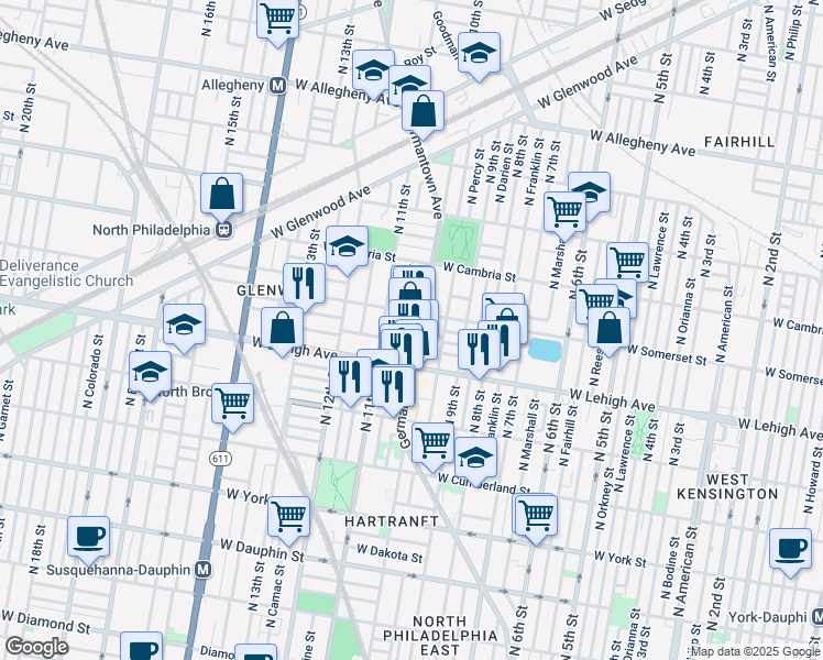 map of restaurants, bars, coffee shops, grocery stores, and more near 2738 Germantown Avenue in Philadelphia