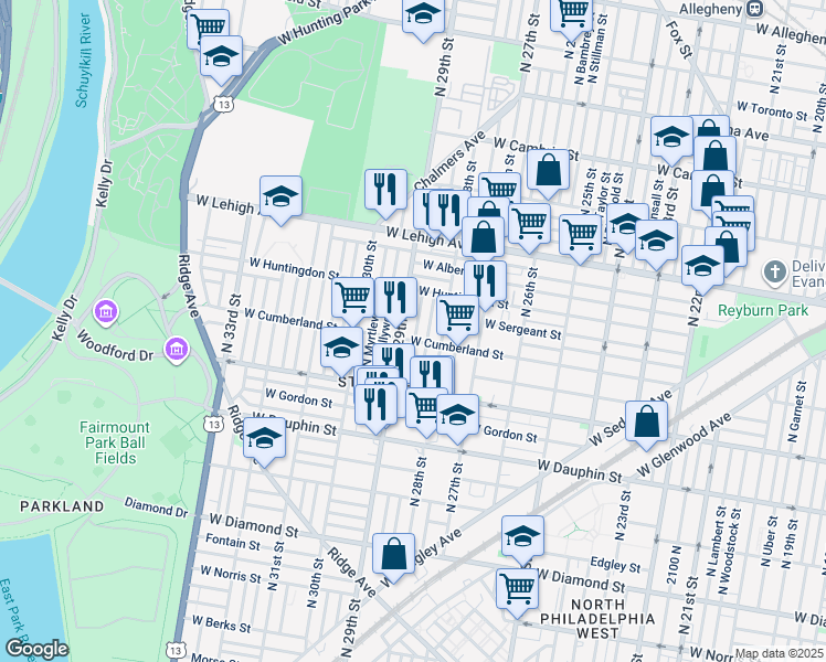 map of restaurants, bars, coffee shops, grocery stores, and more near 2510 North Dover Street in Philadelphia