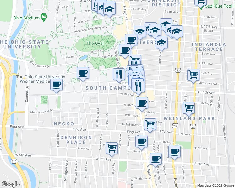 map of restaurants, bars, coffee shops, grocery stores, and more near Hunter Ave & W 10th Ave in Columbus