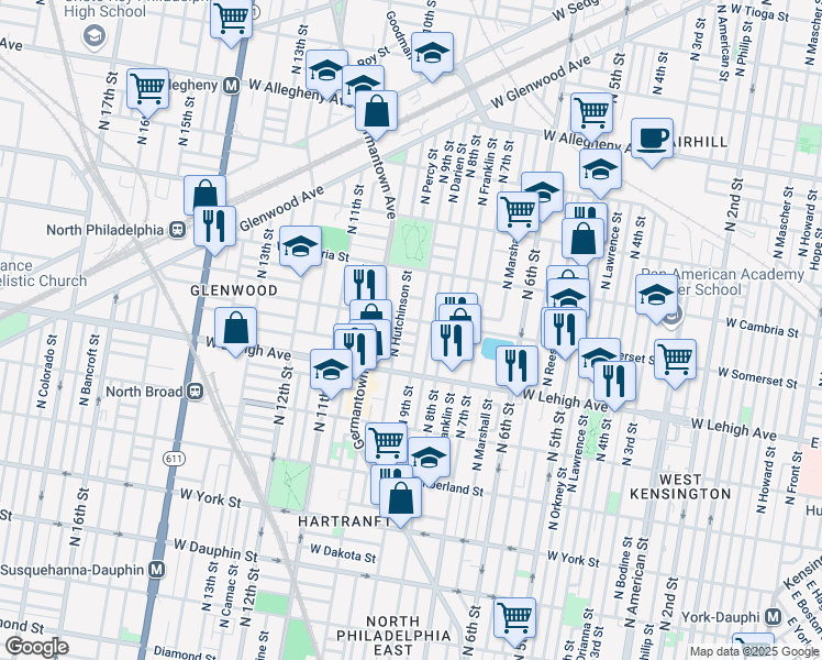 map of restaurants, bars, coffee shops, grocery stores, and more near 909 West Seltzer Street in Philadelphia