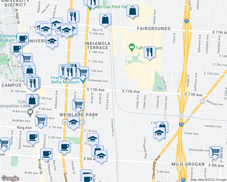 map of restaurants, bars, coffee shops, grocery stores, and more near 1917 East 11th Avenue in Columbus