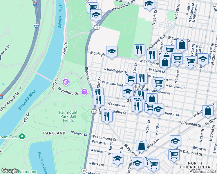 map of restaurants, bars, coffee shops, grocery stores, and more near 2446 North 32nd Street in Philadelphia