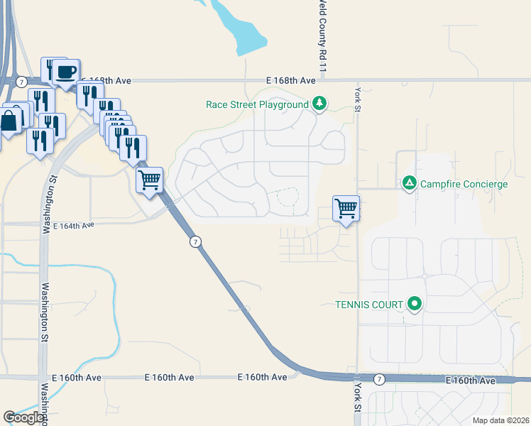 map of restaurants, bars, coffee shops, grocery stores, and more near 16446 Lafayette Street in Thornton