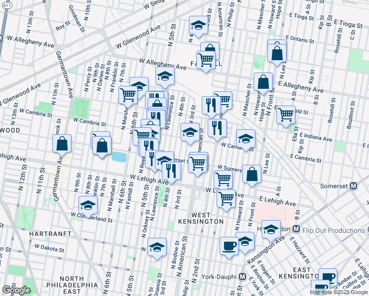map of restaurants, bars, coffee shops, grocery stores, and more near 2830 North American Street in Philadelphia