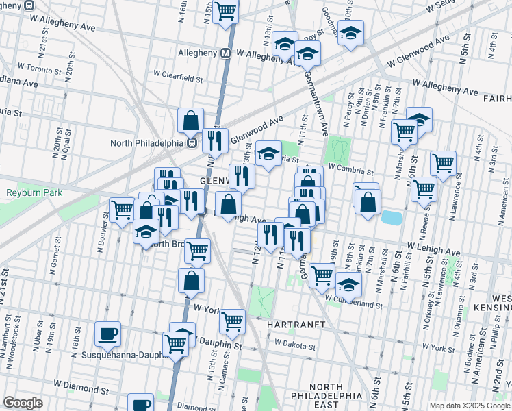 map of restaurants, bars, coffee shops, grocery stores, and more near 2731 North 13th Street in Philadelphia