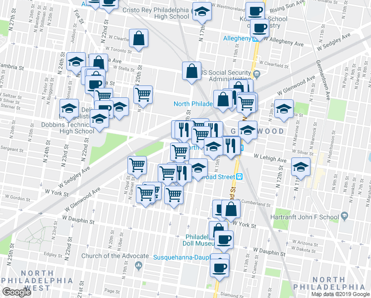 map of restaurants, bars, coffee shops, grocery stores, and more near 1630 West Lehigh Avenue in Philadelphia