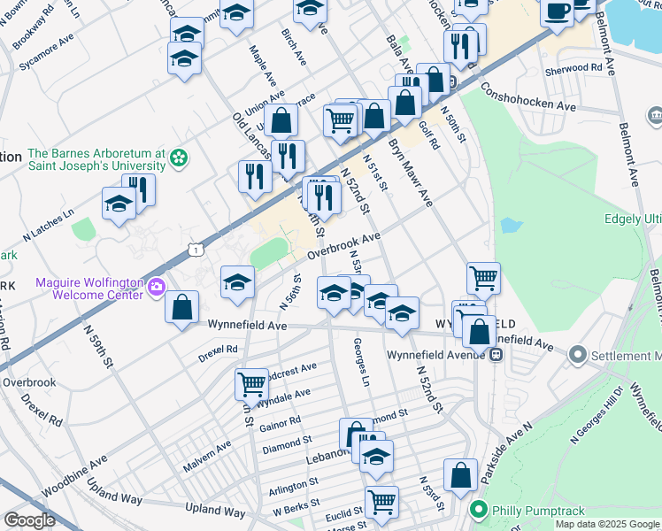 map of restaurants, bars, coffee shops, grocery stores, and more near 2448 North 54th Street in Philadelphia