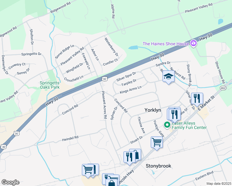 map of restaurants, bars, coffee shops, grocery stores, and more near 3805 Silver Spur Drive in York